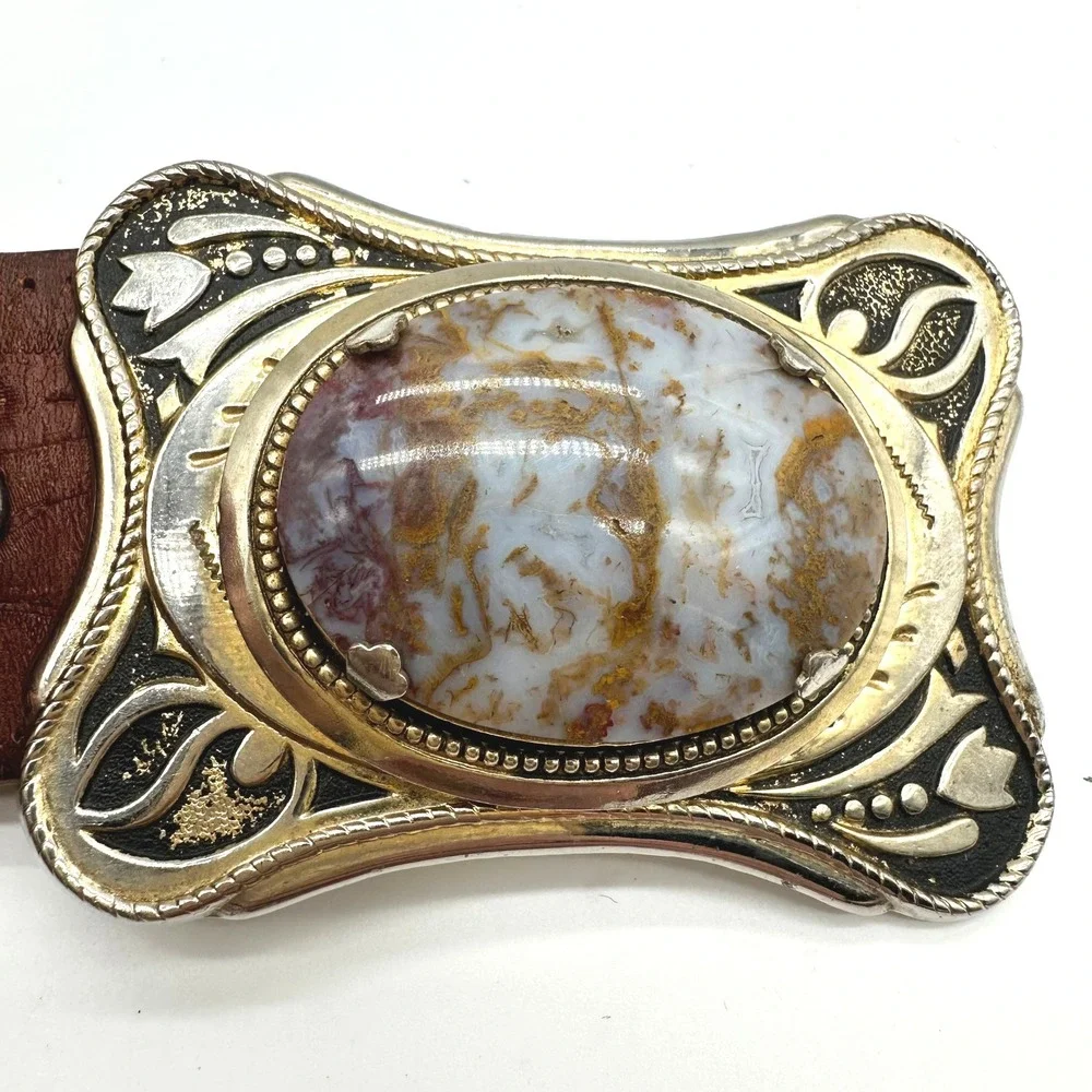 Vintage Western Embossed Leather Cowboy Belt Agate Stone Trophy Buckle Brown 34